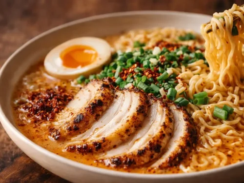 A Steaming Bowl Of Creamy Garlic Chicken Ramen Topped With Sliced Chicken,