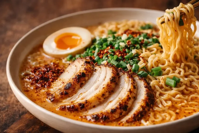 A Steaming Bowl Of Creamy Garlic Chicken Ramen Topped With Sliced Chicken,