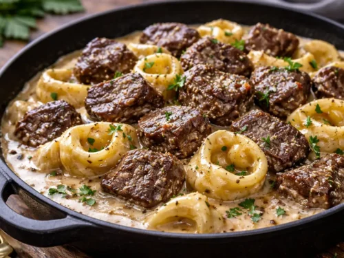 a cast iron skillet filled with cheesy tortellini recipes featuring seared garlic