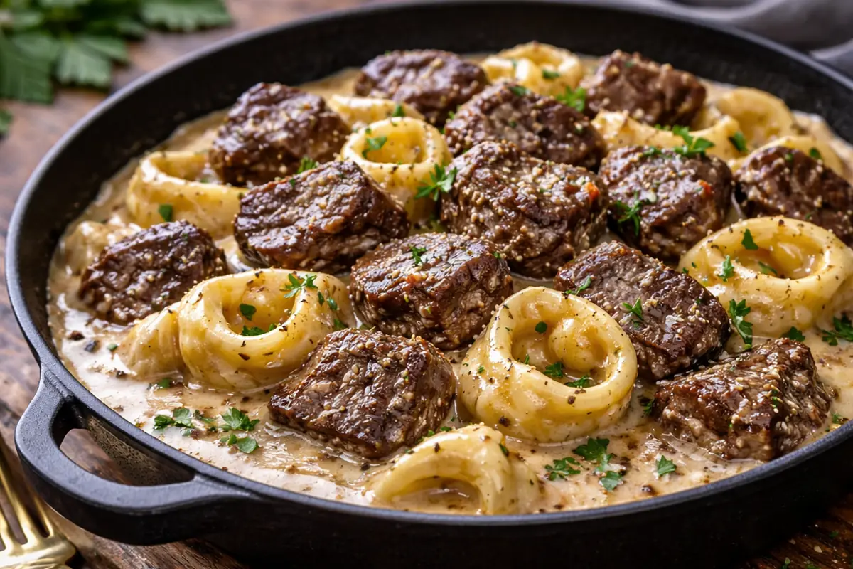 The Ultimate Creamy Garlic Steak Tortellini Recipes for Busy Nights a cast iron skillet filled with cheesy tortellini recipes featuring seared garlic