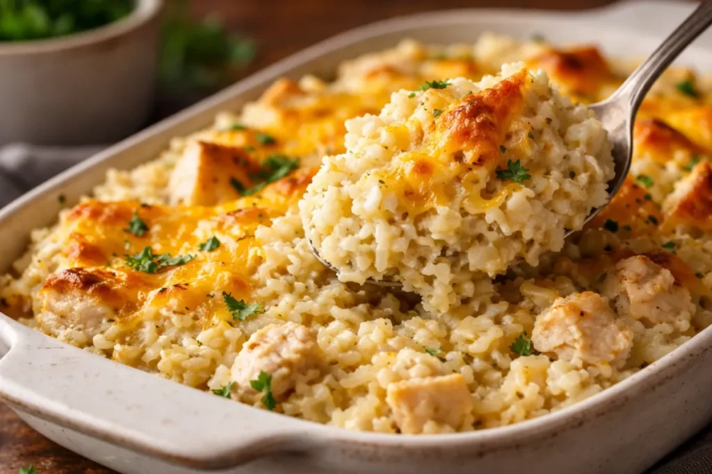 A Golden Brown Angel Chicken Rice Casserole In A Glass Baking Dish