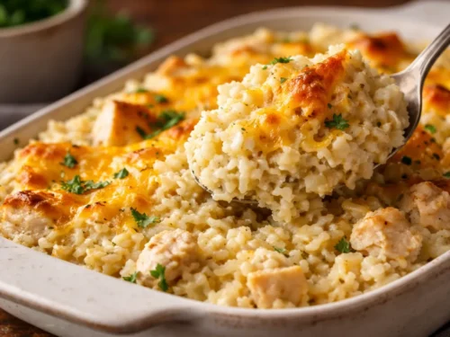 A Golden Brown Angel Chicken Rice Casserole In A Glass Baking Dish