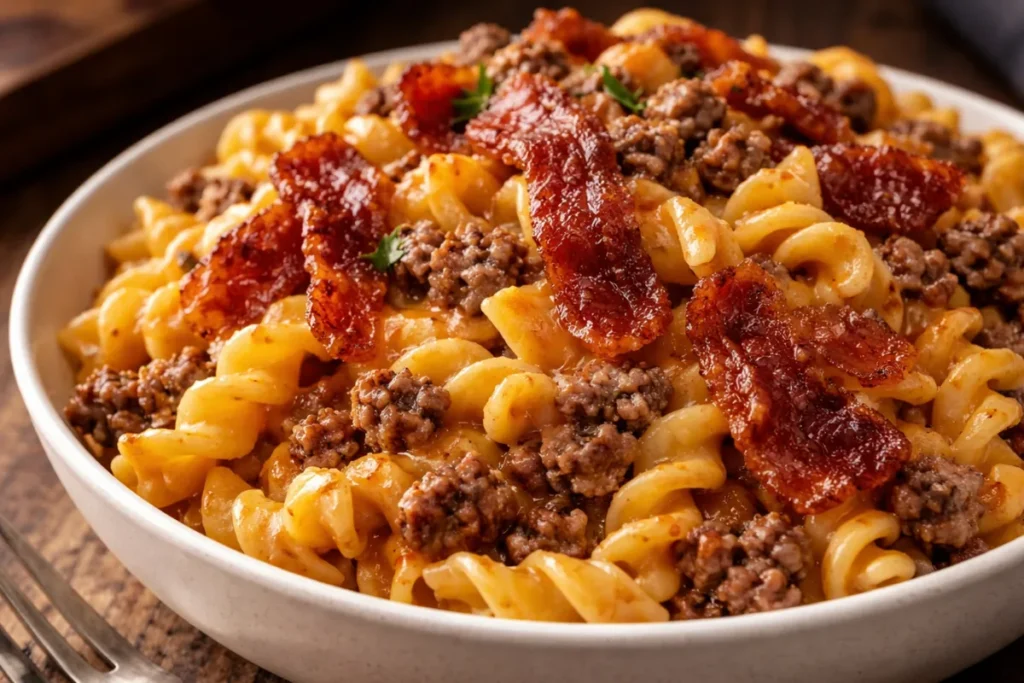 A Large Skillet Filled With Creamy Bacon Cheeseburger Pasta Topped With Melted