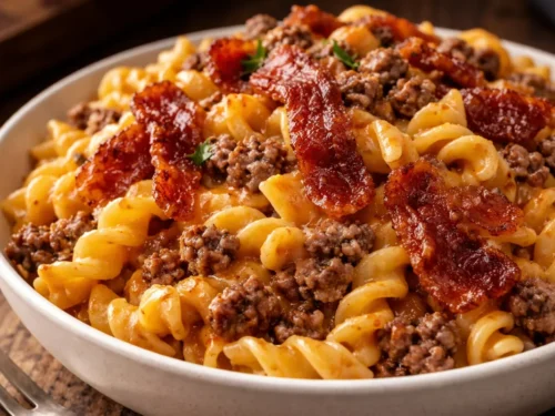 A Large Skillet Filled With Creamy Bacon Cheeseburger Pasta Topped With Melted