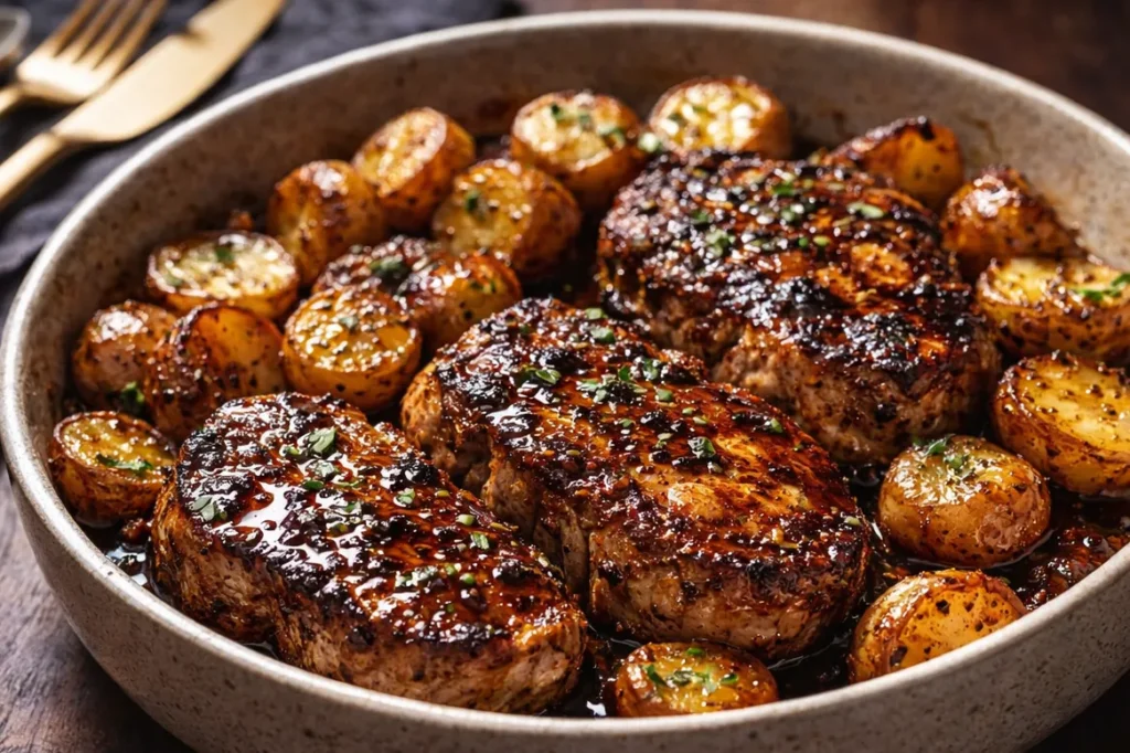 A Sheet Pan Filled With Golden Brown Baked Pork Chops Potatoes And