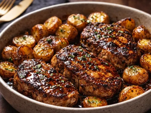A Sheet Pan Filled With Golden Brown Baked Pork Chops Potatoes And