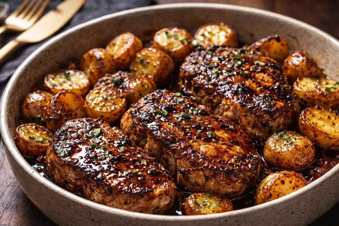 Baked Pork Chops Potatoes: The Ultimate One-Pan Weeknight Wonder A Sheet Pan Filled With Golden Brown Baked Pork Chops Potatoes And