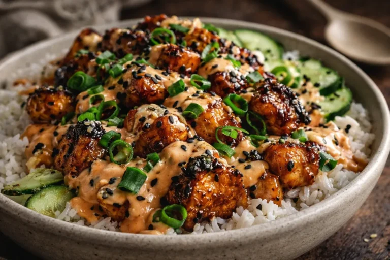 A Vibrant Bang Bang Chicken Bowl With Saucy Chicken Broccoli And Carrots