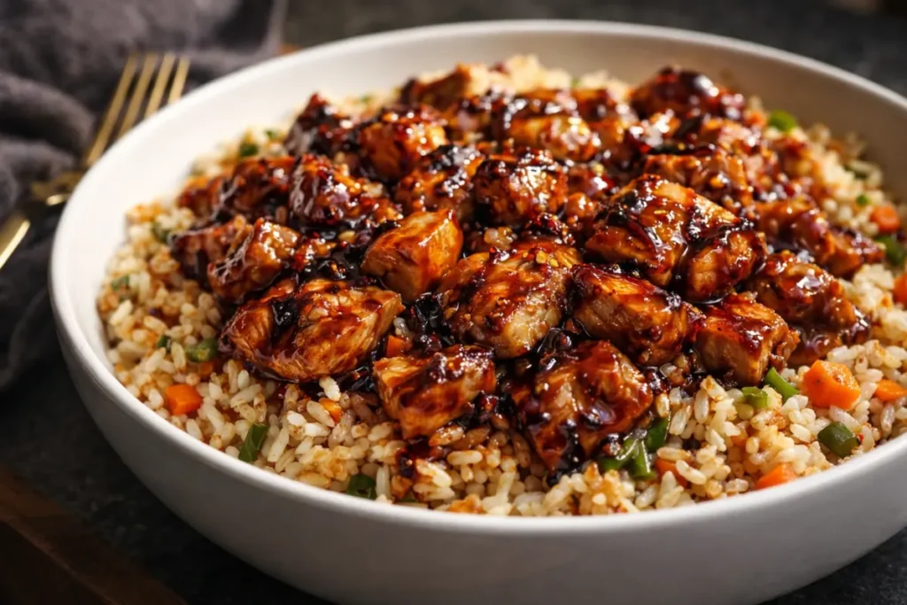 A Skillet Filled With BBQ Chicken Rice Featuring Honey Glazed Chicken And