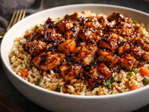A Skillet Filled With BBQ Chicken Rice Featuring Honey Glazed Chicken And