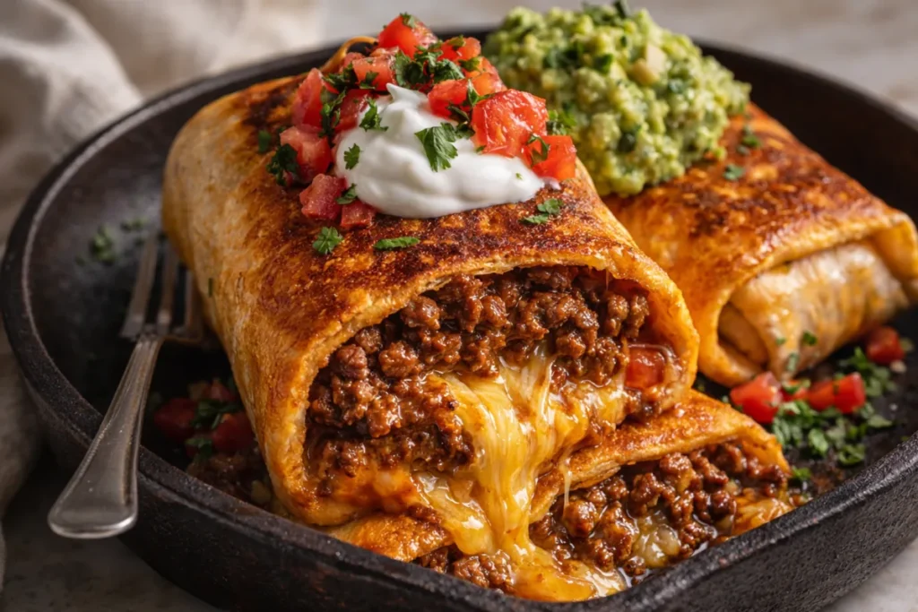 A Plate Of Golden Brown Beef Cheese Chimichangas Topped With Fresh Salsa