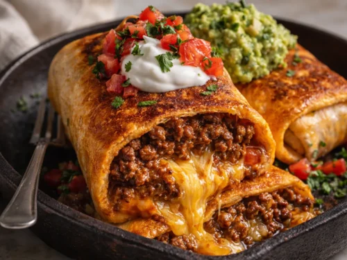 A Plate Of Golden Brown Beef Cheese Chimichangas Topped With Fresh Salsa