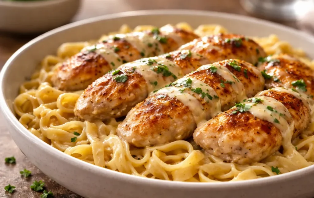 A Skillet Filled With Butter Chicken Noodles Featuring Golden Chicken And Parsley
