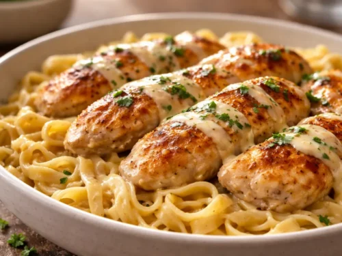 A Skillet Filled With Butter Chicken Noodles Featuring Golden Chicken And Parsley