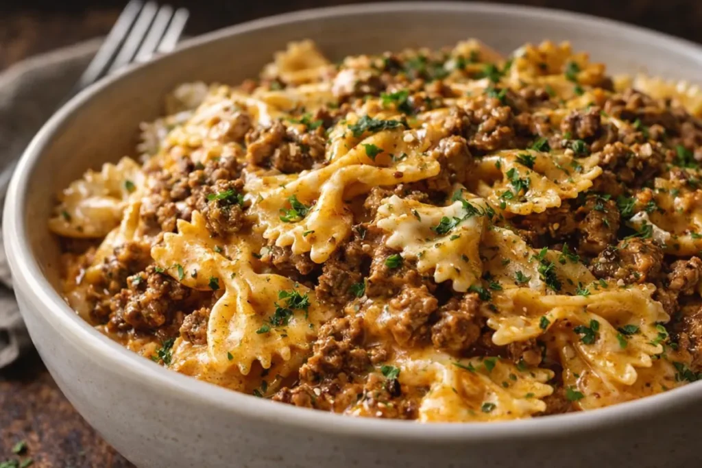 A White Bowl Filled With Creamy Cajun Beef Alfredo Bowties Topped With