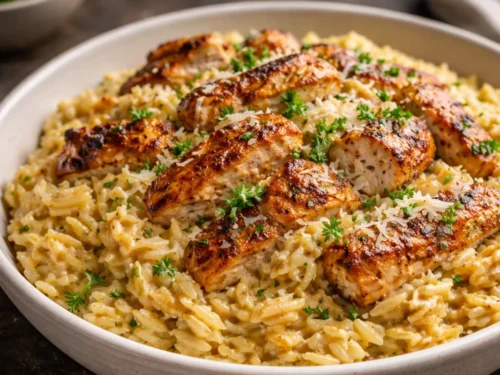 A Top Down View Of Creamy Cajun Chicken Alfredo Orzo In A