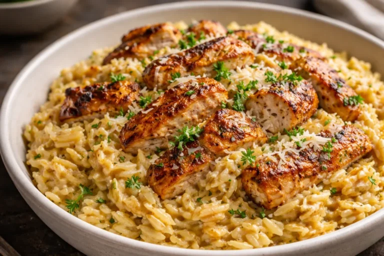 A Top Down View Of Creamy Cajun Chicken Alfredo Orzo In A