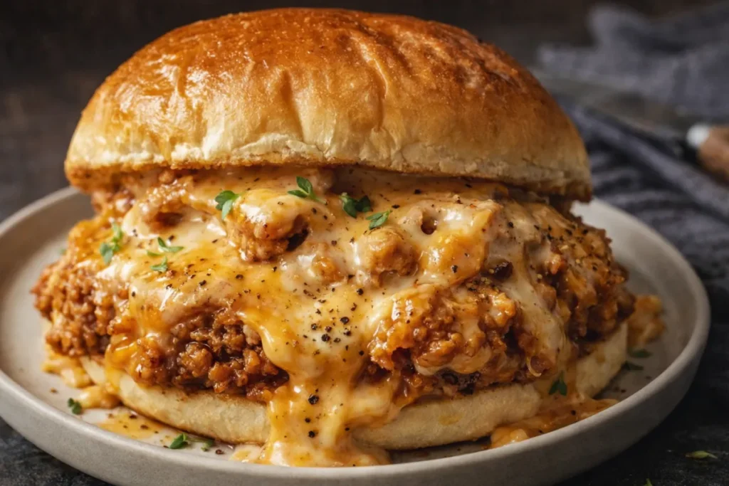 A Close Up Shot Of Cajun Chicken Sloppy Joes On Toasted Brioche