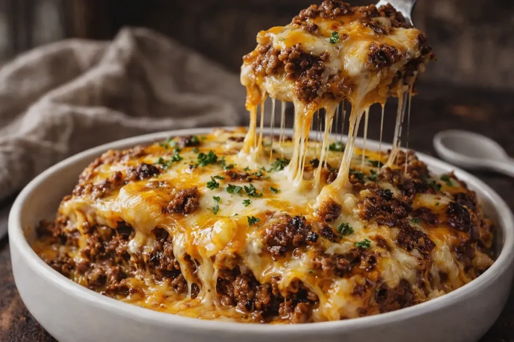 A Golden Brown Cattle Drive Casserole In A Baking Dish Featuring Melted
