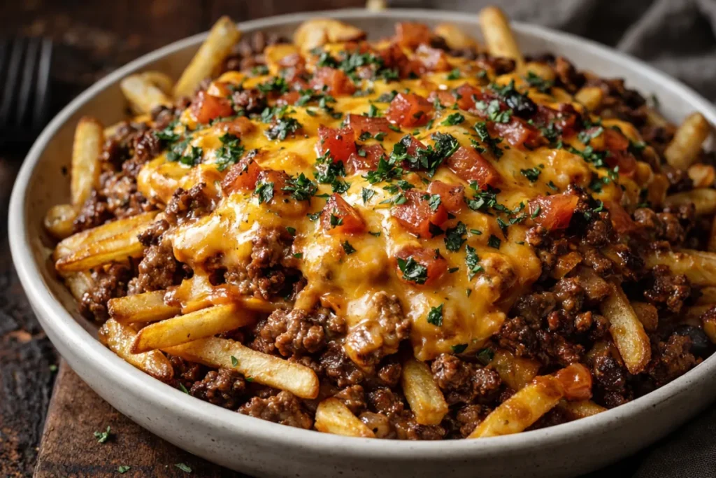 A Golden Brown Cheeseburger Fry Casserole In A Glass Baking Dish Topped
