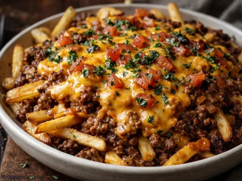 A Golden Brown Cheeseburger Fry Casserole In A Glass Baking Dish Topped