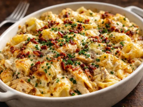 A Piping Hot Dish Of Cheesy Chicken Casserole Topped With Melted Cheddar
