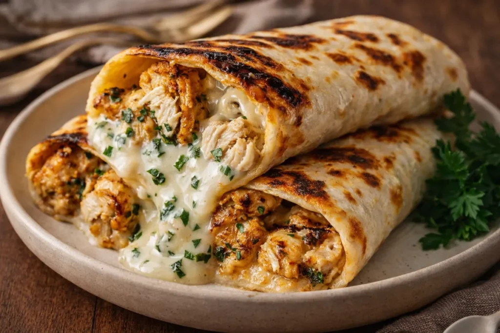 A Plate Of Toasted Cheesy Garlic Chicken Wraps Sliced Diagonally To Show