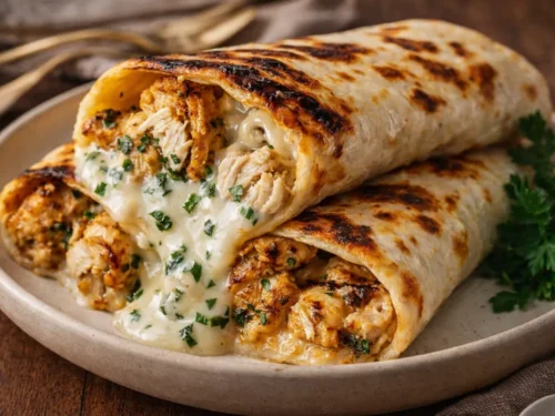 A Plate Of Toasted Cheesy Garlic Chicken Wraps Sliced Diagonally To Show
