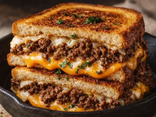 A Golden Brown Cheesy Ground Beef Melt Sliced In Half With Stretching