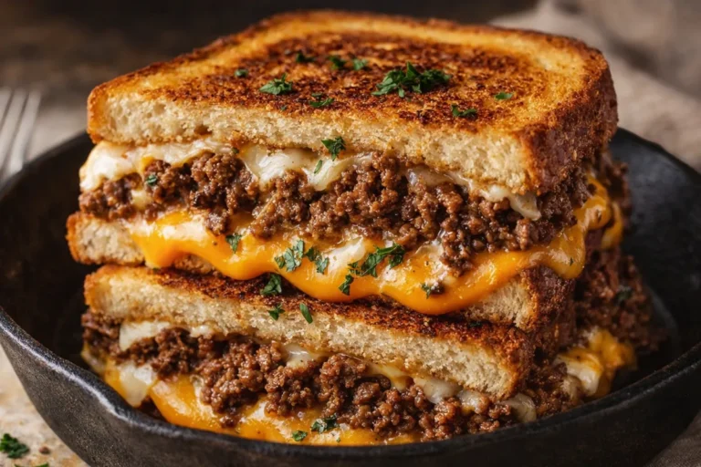 A Golden Brown Cheesy Ground Beef Melt Sliced In Half With Stretching