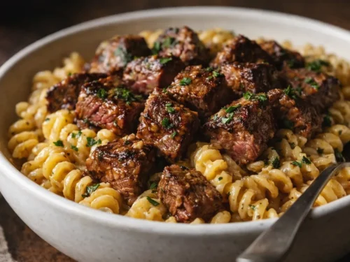 A Close Up Shot Of Cheesy Ground Beef Pasta With A Golden