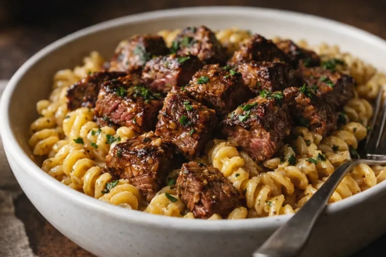 A Close Up Shot Of Cheesy Ground Beef Pasta With A Golden
