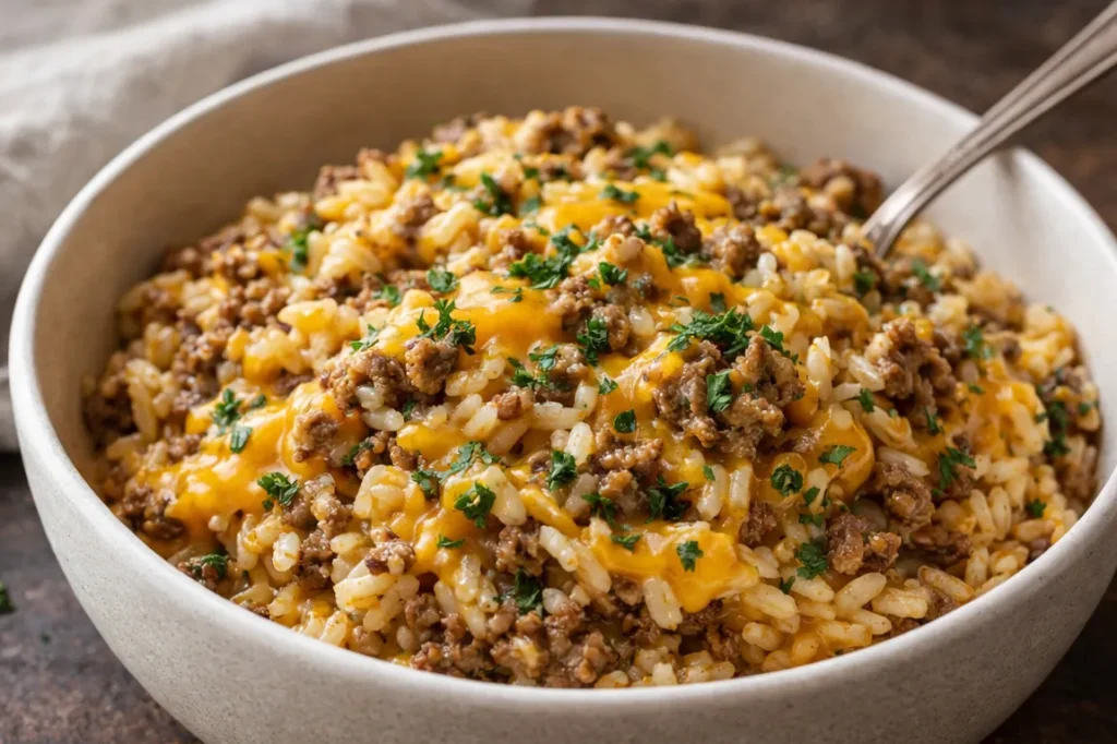 A 9x13 Baking Dish Filled With Cheesy Ground Beef Rice Topped With