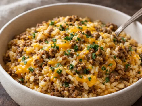 A 9x13 Baking Dish Filled With Cheesy Ground Beef Rice Topped With
