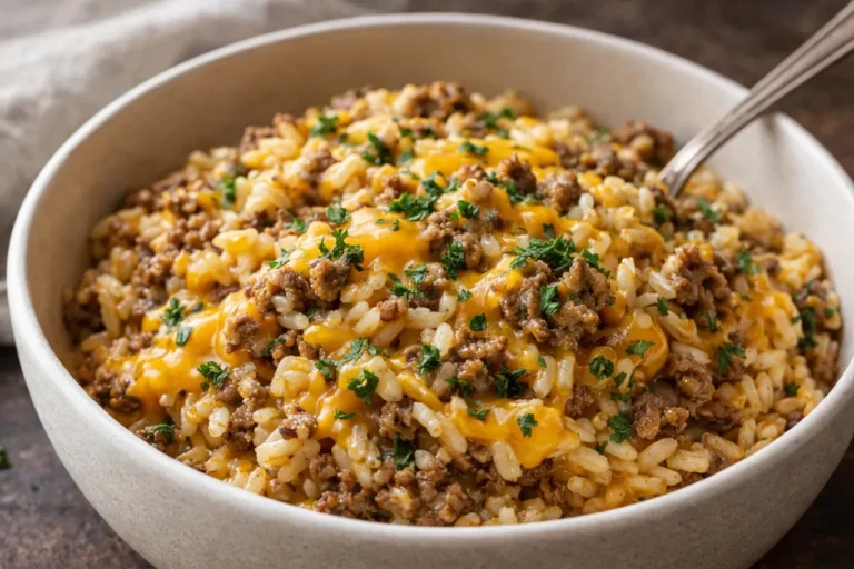 A 9x13 Baking Dish Filled With Cheesy Ground Beef Rice Topped With