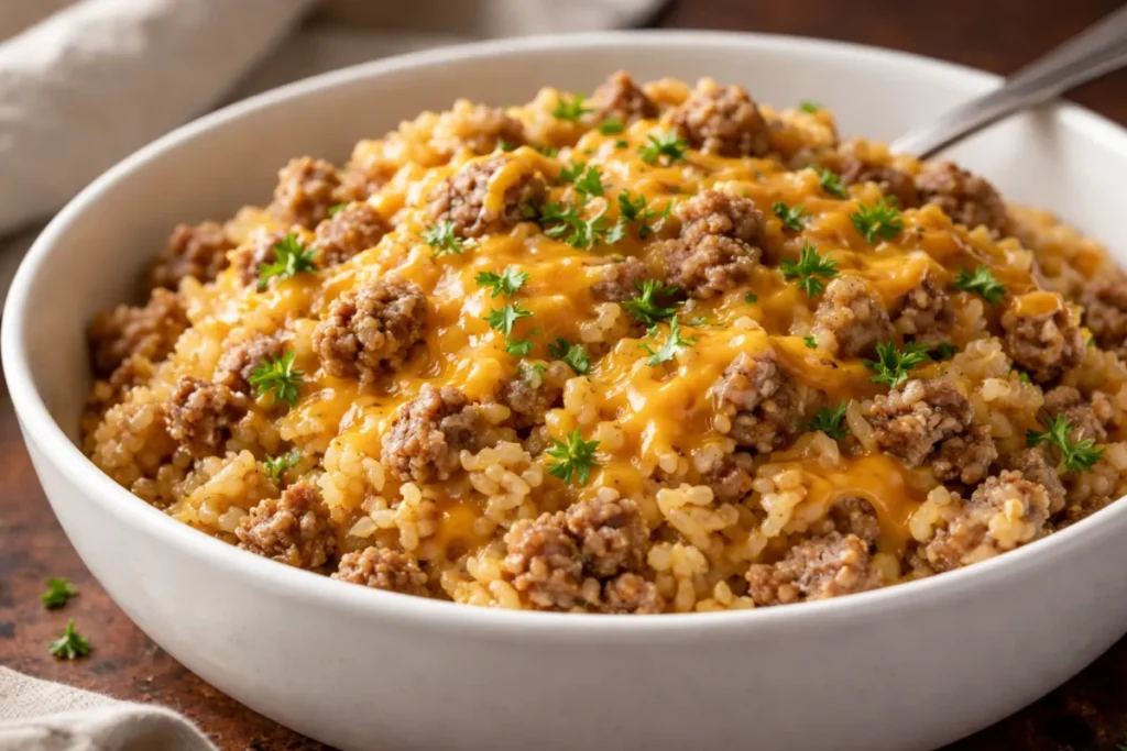 A 9x13 Baking Dish Filled With Cheesy Ground Beef Rice Topped With