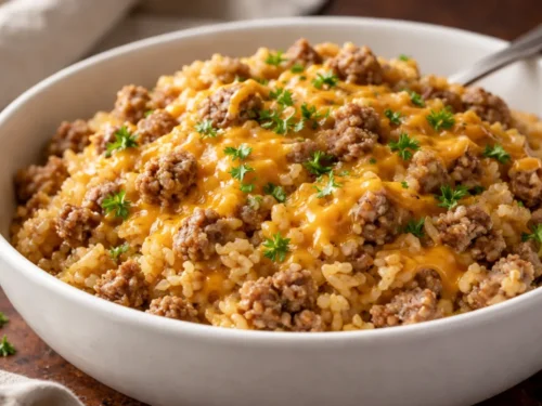 A 9x13 Baking Dish Filled With Cheesy Ground Beef Rice Topped With