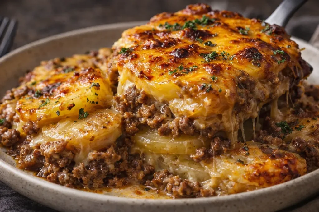 A Golden Bubbly Cheesy Hamburger Casserole In A Glass Baking Dish With