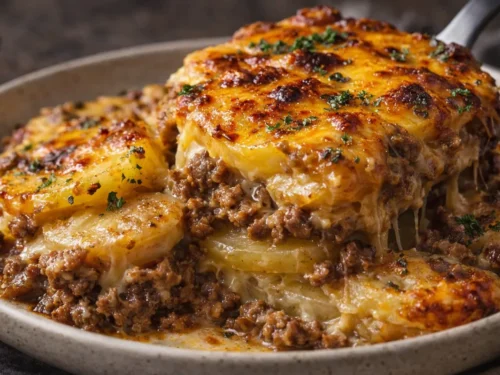 A Golden Bubbly Cheesy Hamburger Casserole In A Glass Baking Dish With