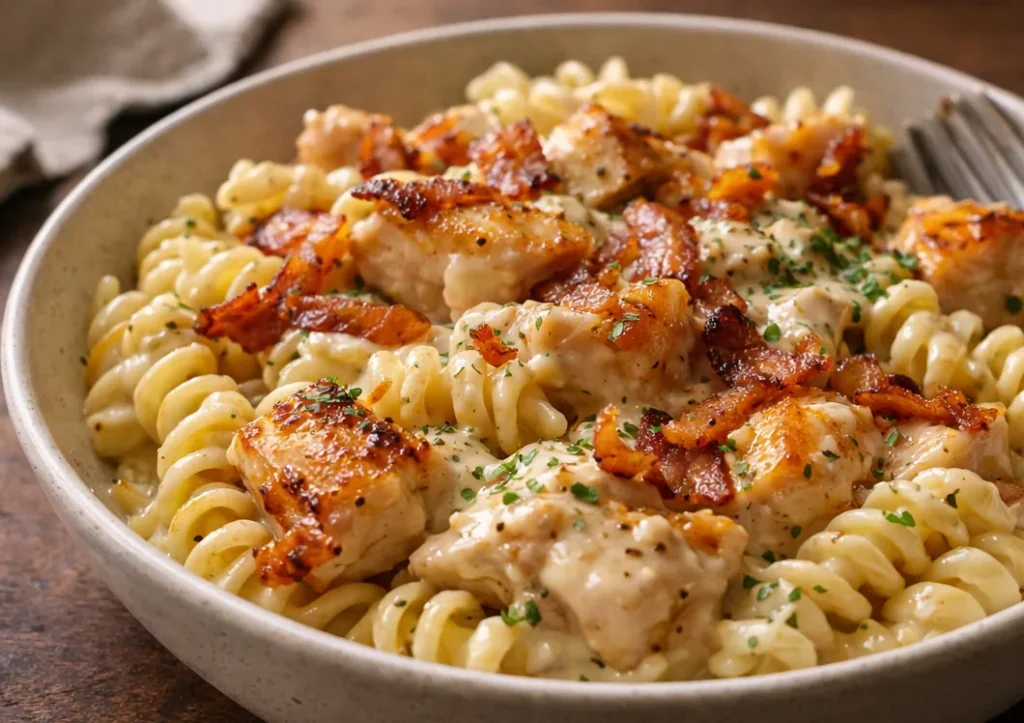 A Top Down View Of Creamy Chicken Bacon Ranch Pasta In A