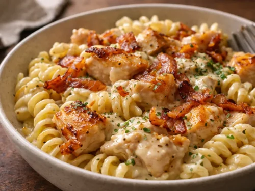 A Top Down View Of Creamy Chicken Bacon Ranch Pasta In A