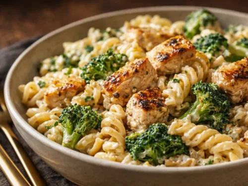 A White Bowl Filled With Creamy Chicken Broccoli Pasta Topped With Parmesan