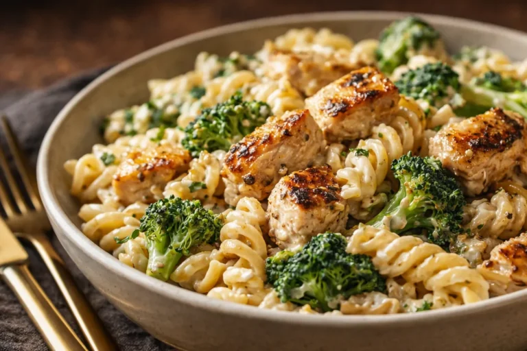 A White Bowl Filled With Creamy Chicken Broccoli Pasta Topped With Parmesan