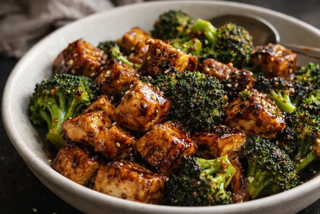 A Sheet Pan Filled With A Chicken Broccoli Skillet Glazed In Honey