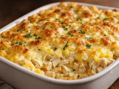 A Bubbly Golden Brown Chicken Casserole In A White Baking Dish With