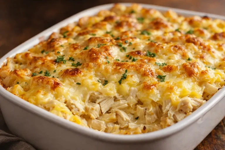 A Bubbly Golden Brown Chicken Casserole In A White Baking Dish With