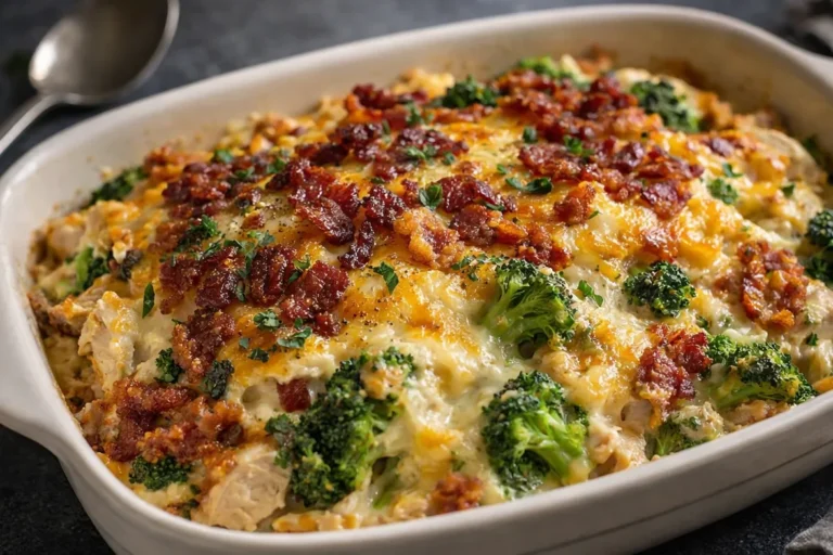 A Golden Brown Chicken Casserole Dish Filled With Green Broccoli And Melted