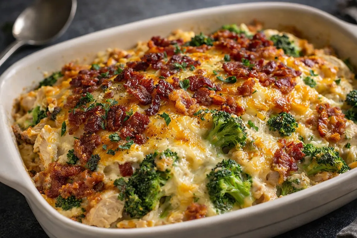 Chicken Casserole with Cheesy Broccoli and Bacon A Golden Brown Chicken Casserole Dish Filled With Green Broccoli And Melted