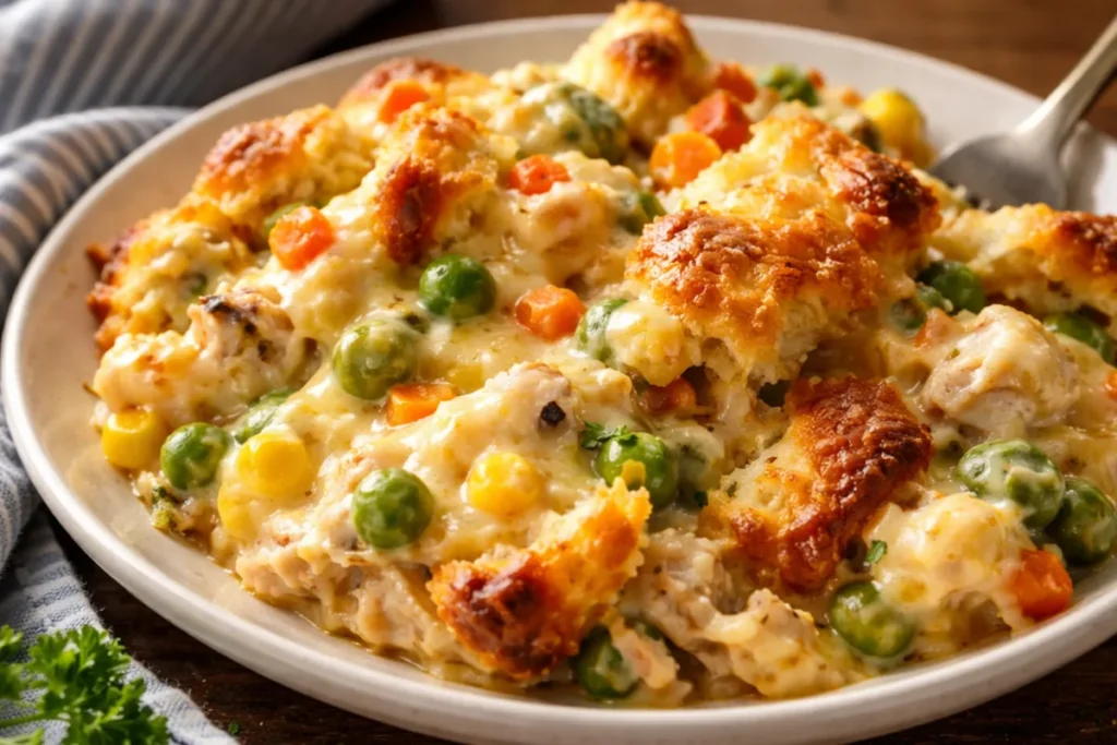 A Golden Brown Chicken Cobbler Casserole In A Glass Baking Dish Sitting