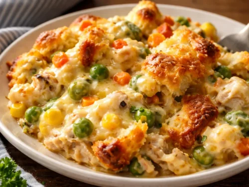 A Golden Brown Chicken Cobbler Casserole In A Glass Baking Dish Sitting